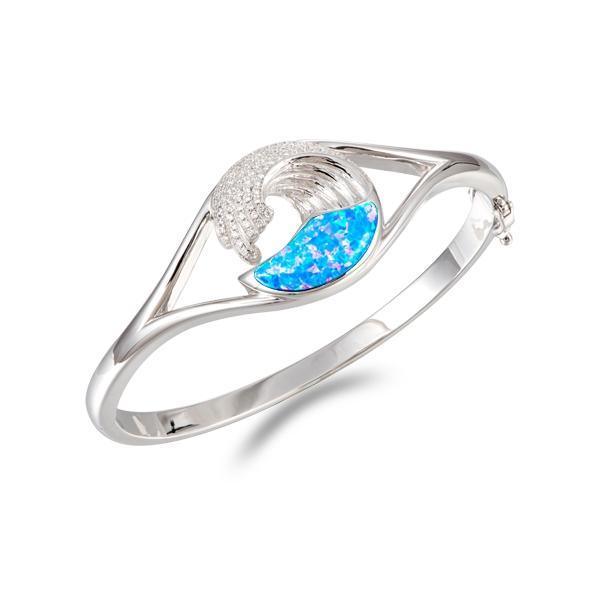 The picture shows a 925 sterling silver wave bangle with opalite and cubic zirconia.