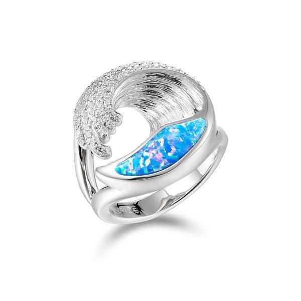 The picture shows a 925 sterling silver opalite ocean wave split ring with cubic zirconia.