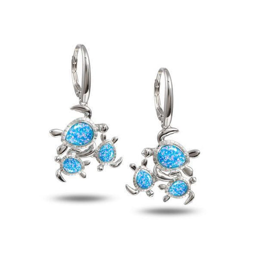 The picture shows a pair of 925 sterling silver opalite family of sea turtles earrings.