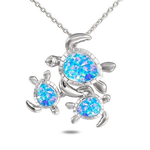 The picture shows a 925 sterling silver opalite family of three sea turtles pendant with topaz.