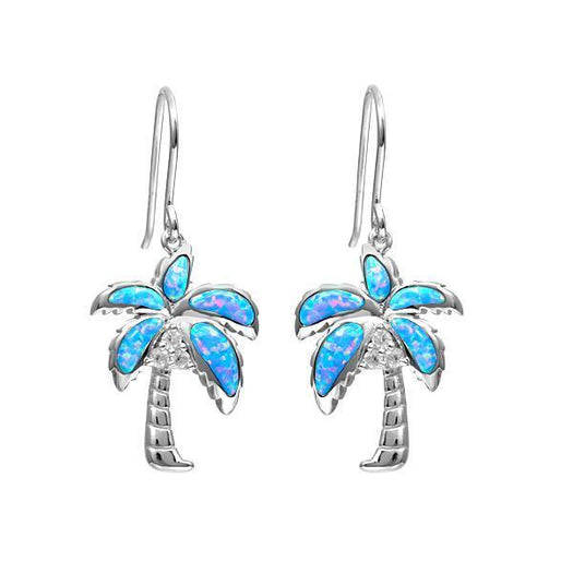 In this picture is a pair of palm tree dangle earrings with blue opalite and topaz gemstones set in sterling silver.