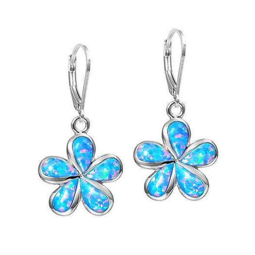 In this photo there is a pair of sterling silver plumeria earrings with blue opalite gemstones.