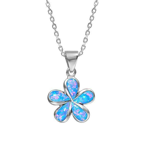 In this photo there is a small sterling silver plumeria pendant with blue opalite gemstones.