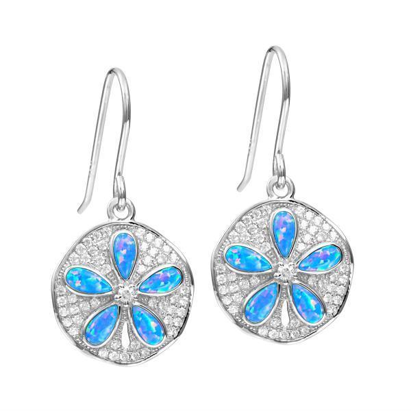 The picture shows a pair of 925 sterling silver opalite sand dollar earrings with cubic zirconia.