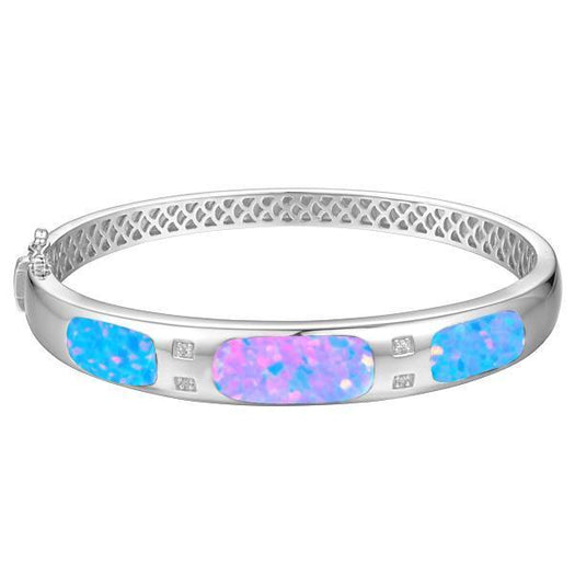 The picture shows a sterling silver opalite bangle with cubic zirconia.