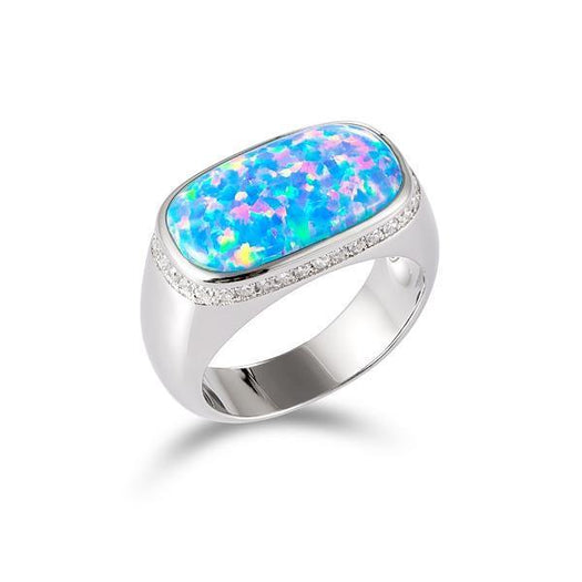 This image shows a 925 sterling silver ring with an oval blue opalite gemstone and topaz