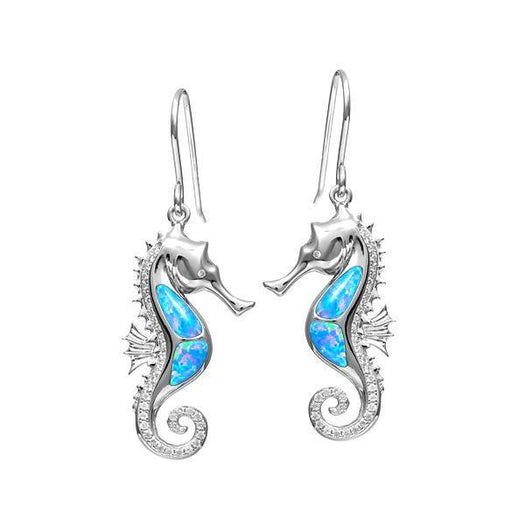 The picture shows a pair of 925 sterling silver opalite seahorse earrings with cubic zirconia.