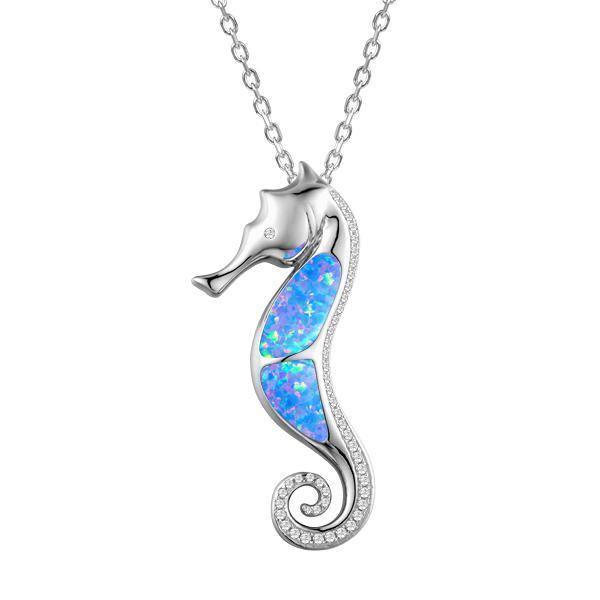 The picture shows a 925 sterling silver opalite seahorse pendant with topaz.