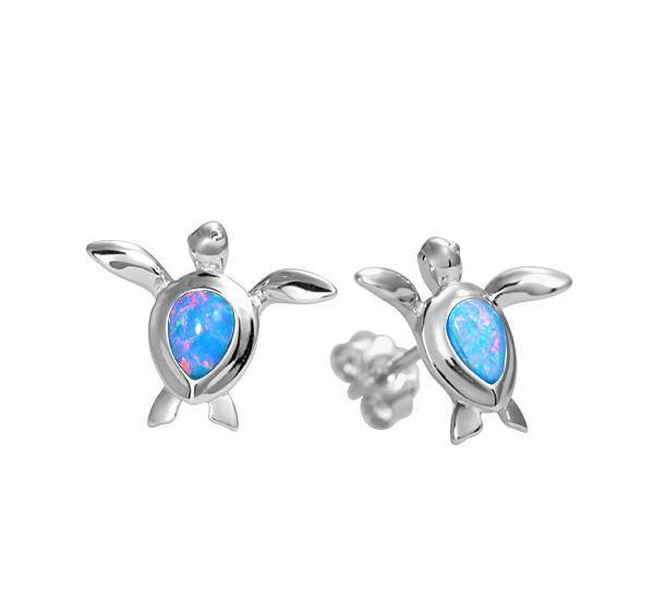 The picture shows a pair of 925 sterling silver opalite sea turtle stud earrings.