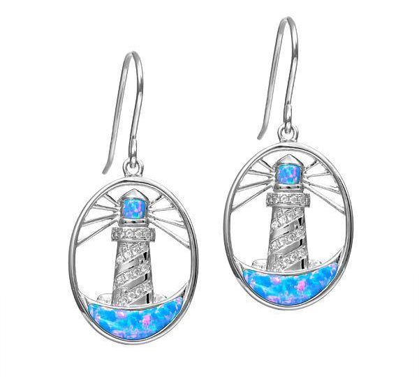 In this photo there is a pair of sterling silver shining lighthouse hook earrings with blue opalite and topaz gemstones.