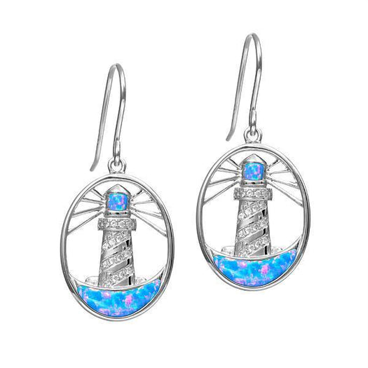 In this photo there is a pair of sterling silver shining lighthouse hook earrings with blue opalite and topaz gemstones.