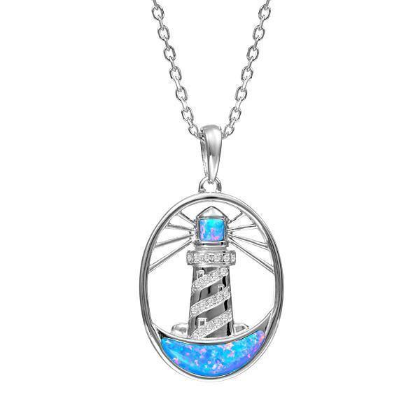 In this photo there is a sterling silver shining lighthouse pendant with blue opalite and topaz gemstones.