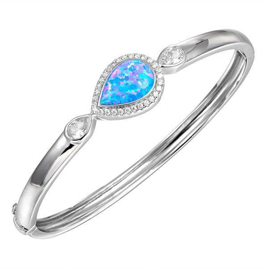 The picture shows a 925 sterling silver teardrop opalite bangle with topaz.