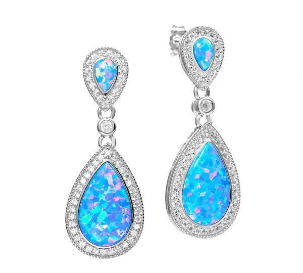 The picture shows a pair of 925 sterling silver opalite teardrop earrings with cubic zirconia.