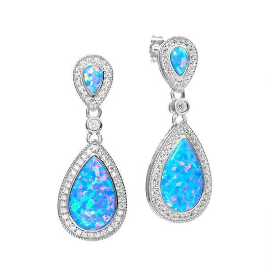 The picture shows a pair of 925 sterling silver opalite teardrop earrings with cubic zirconia.
