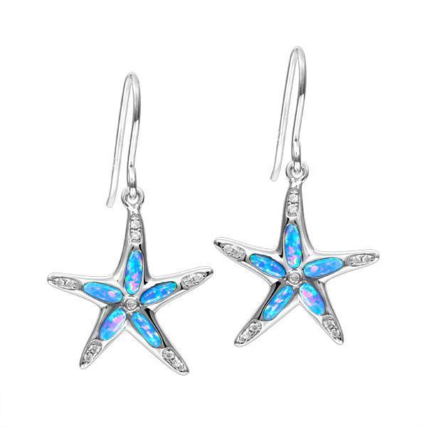 The picture shows a pair of 925 sterling silver opalite sea star earrings with topaz.
