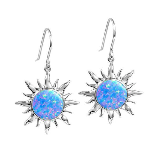 In this photo there is a pair of sterling silver sun hook earrings with blue opalite gemstones.