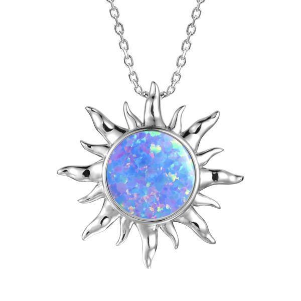 In this photo there is a sterling silver sun pendant with one blue opalite gemstone.