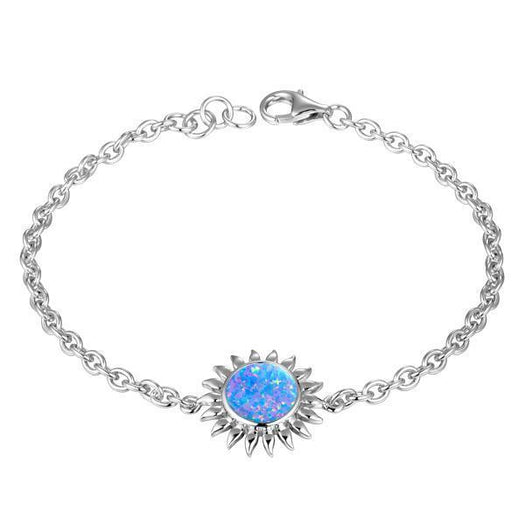 In this photo there is a 925 sterling silver sunflower bracelet with one blue opalite gemstone.