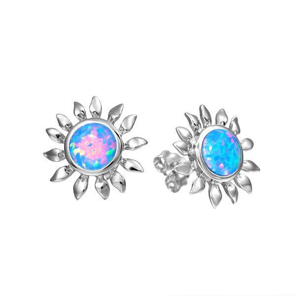 In this picture there is a pair of sunflower stud earrings with blue opalite set in sterling silver.