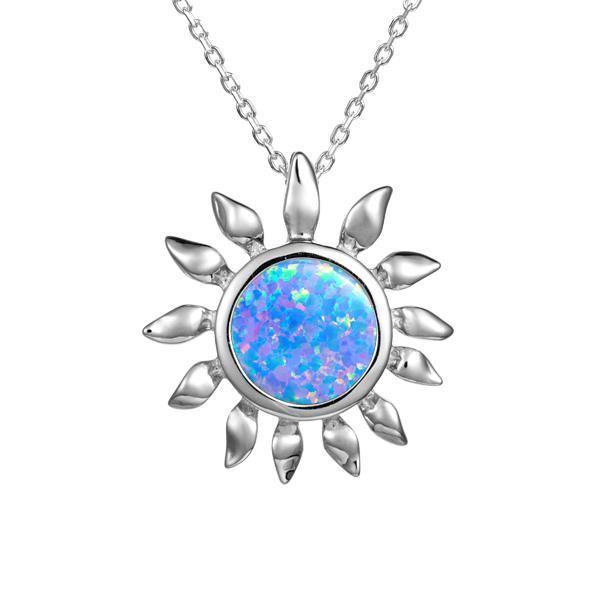 In this photo there is a sterling silver sunflower pendant with one blue opalite gemstone.