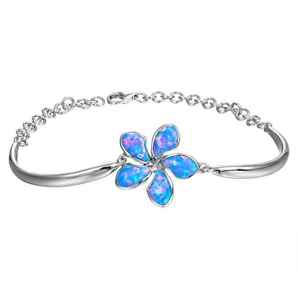 In this photo there is a 925 sterling silver plumeria bracelet with blue opalite gemstones.