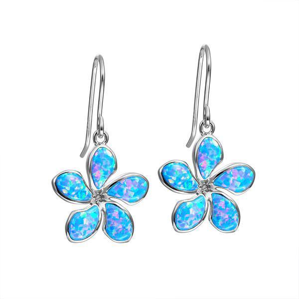 In this photo there is a pair of sterling silver plumeria hook earrings with blue opalite gemstones.