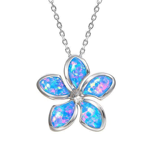 In this picture there is a plumeria pendant with blue opalite set in sterling silver.