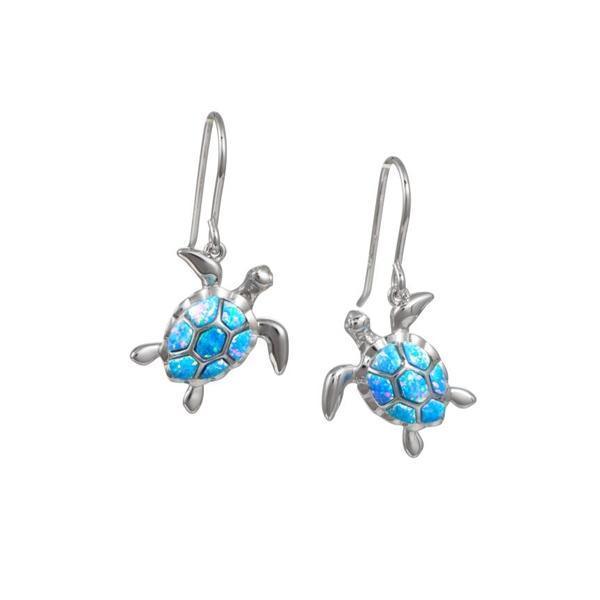 The picture shows a pair of 925 sterling silver opalite sea turtle earrings.