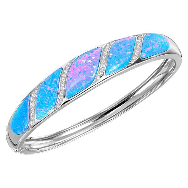The picture shows a sterling silver opalite twist bangle with cubic zirconia.