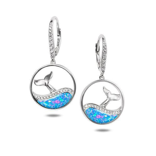 The picture shows a pair of 925 sterling silver opalite whale wave earrings.