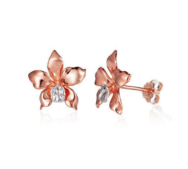 The picture shows a pair of 14K rose gold orchid earrings.