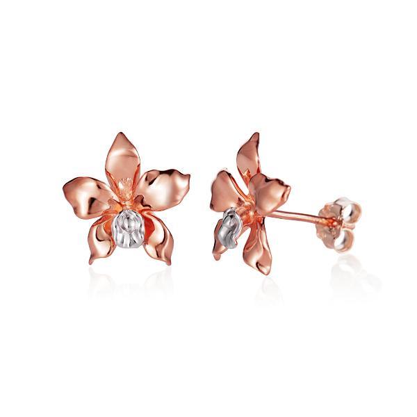 The picture shows a pair of 14K rose gold orchid earrings.