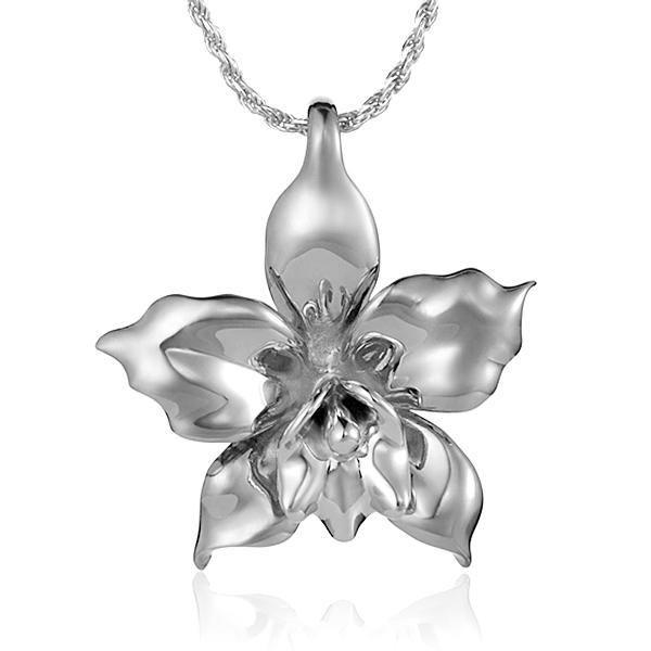 In this photo there is a sterling silver orchid pendant.