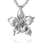 In this photo there is a sterling silver orchid pendant.