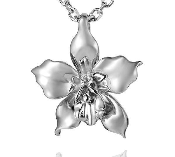 In this photo there is a sterling silver orchid pendant.