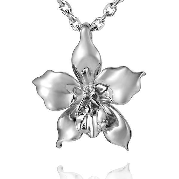 In this photo there is a sterling silver orchid pendant.