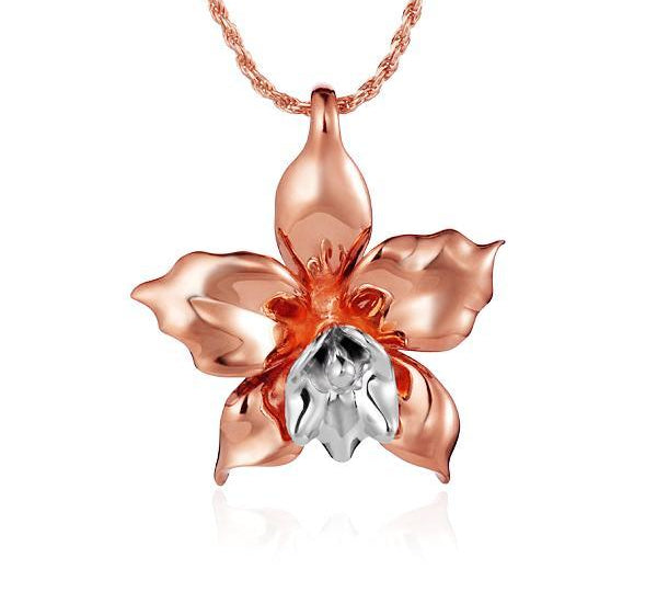 In this photo there is a two-tone rose and white gold orchid flower pendant.