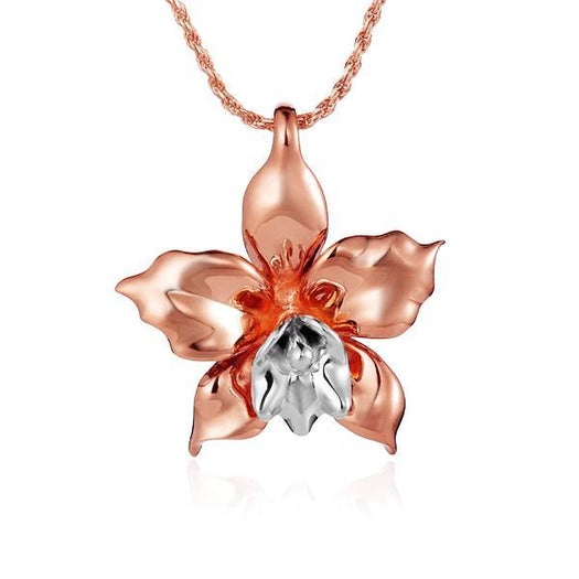 In this photo there is a two-tone rose and white gold orchid flower pendant.