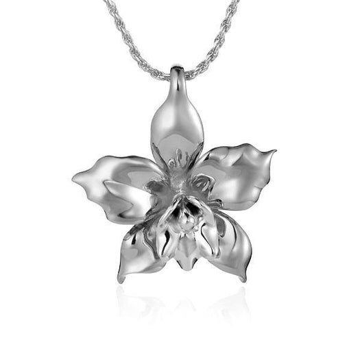 In this photo there is a white gold orchid flower pendant.