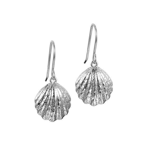 In this picture there is a pair of sterling silver oyster shell dangle earrings.