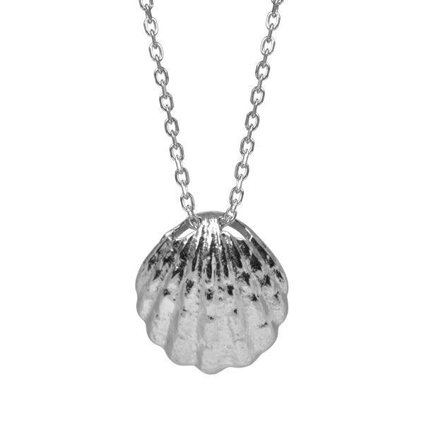 In this picture there is a sterling silver oyster shell pendant.