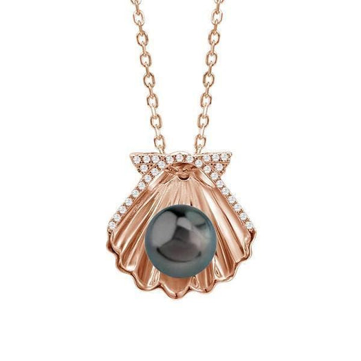 In this photo there is a rose gold oyster shell pendant with a dark pearl and diamonds.