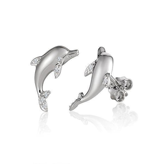In this photo there is a pair of sterling silver dolphin stud earrings with cubic zirconia.