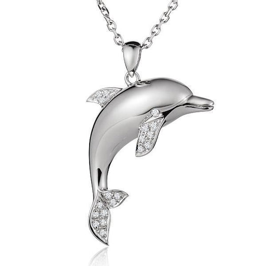The picture shows a large 925 sterling silver dolphin pendant with cubic zirconia.