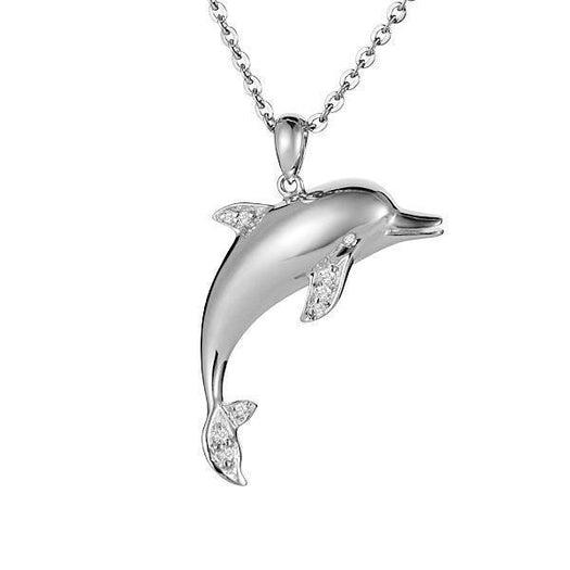 The picture shows a small 925 sterling silver dolphin pendant with cubic zirconia.