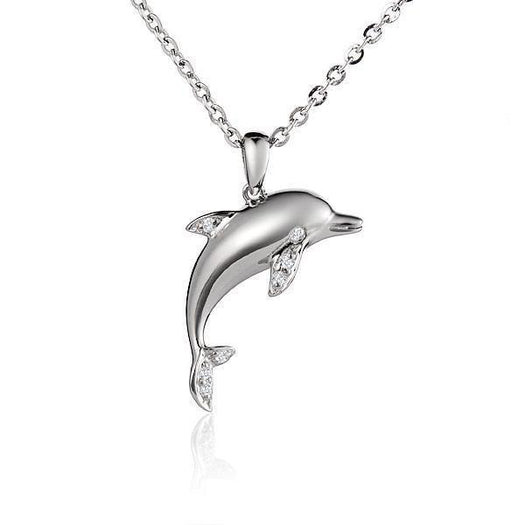 The picture shows a small 925 sterling silver dolphin pendant with cubic zirconia.
