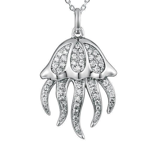 The picture shows a 925 sterling silver, white gold plated, pavé barrel jellyfish pendant with topaz.