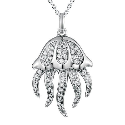 The picture shows a 925 sterling silver, white gold plated, pavé barrel jellyfish pendant with topaz.