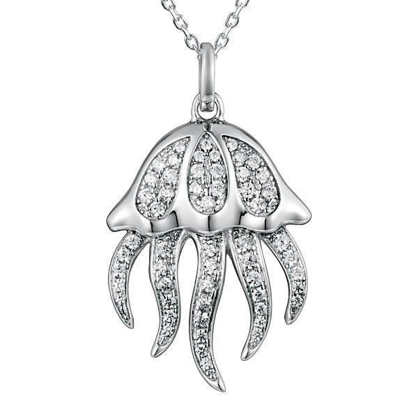 The picture shows a 925 sterling silver, white gold plated, pavé barrel jellyfish pendant with topaz.